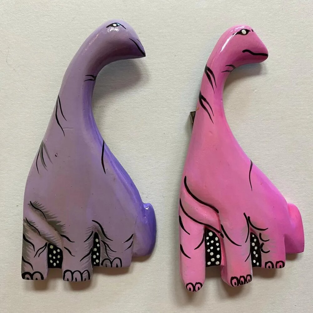 Dinosaur Brooches Pair Collectible Cute Fashion Accessories Pink and Purple